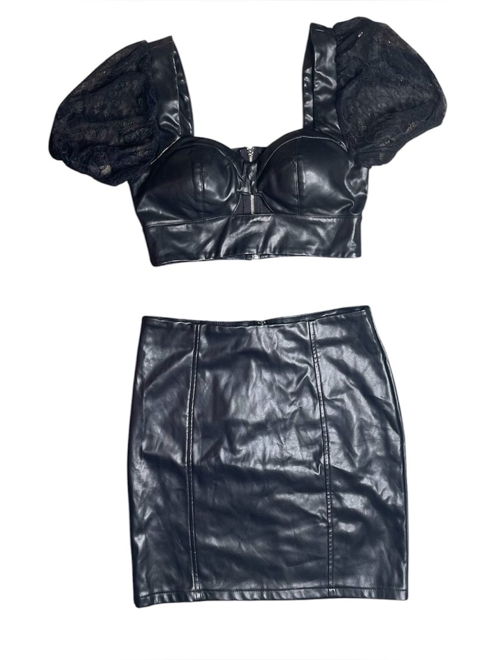 Haute Monde black puff sleeve pleather faux leather crop top & mini skirt set